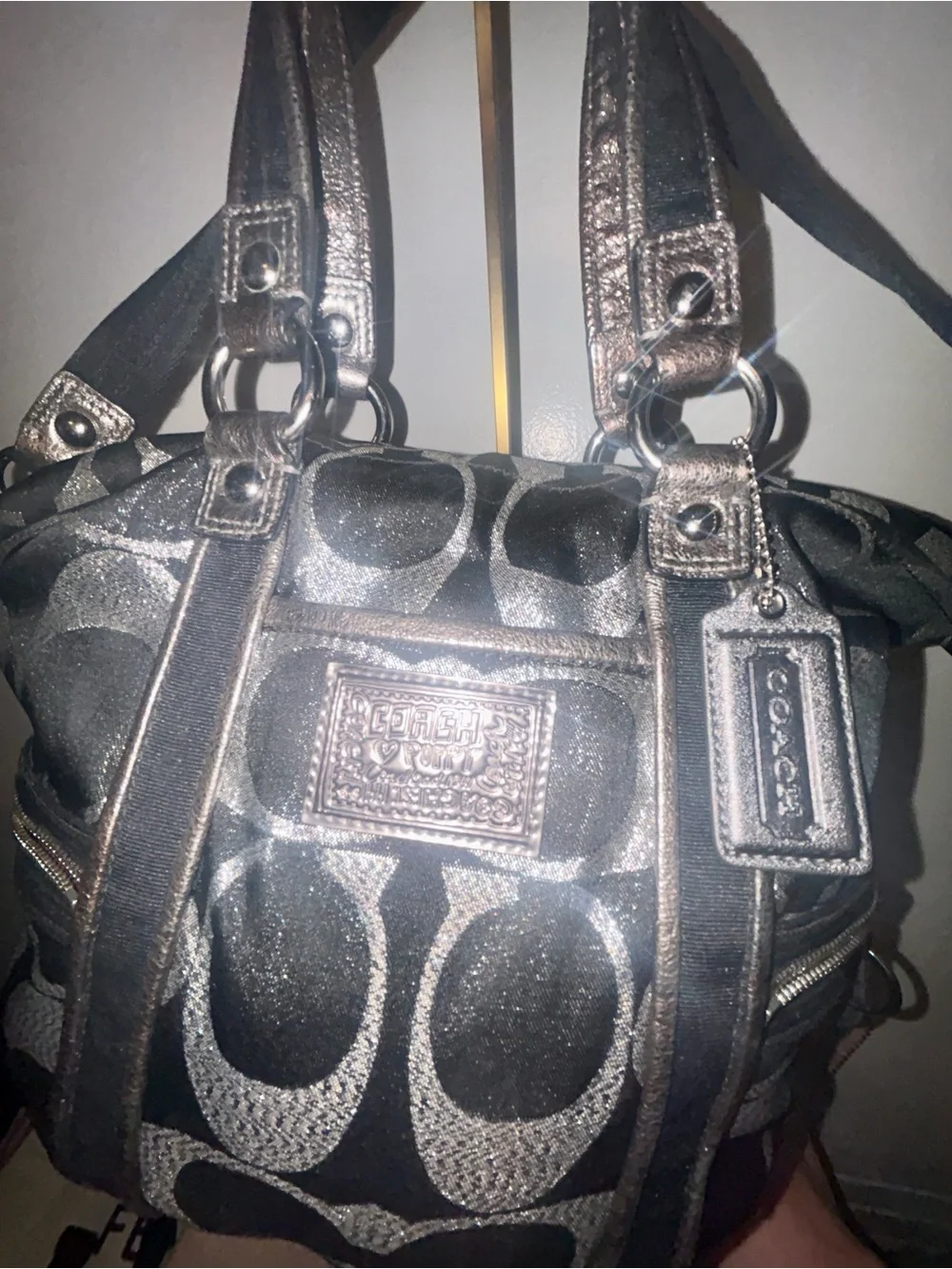 Coach Poppy Black & Silver Metallic Leather Satchel Tote Bag. ECU! Y2K